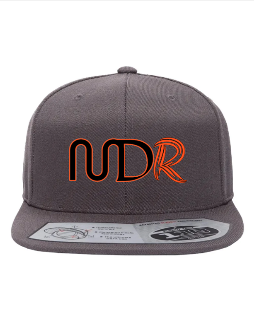 Charcoal flat-brim MDiPaoloRacing hat with orange and black MDR logo