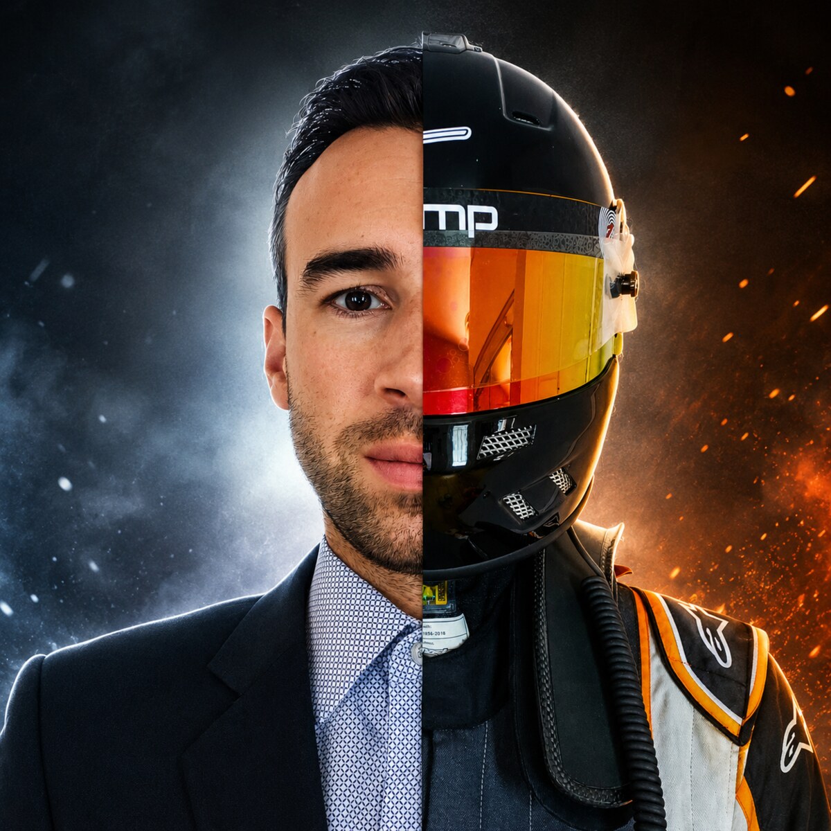 Michael Di Paolo shown half in business attire and half in racing helmet and suit
